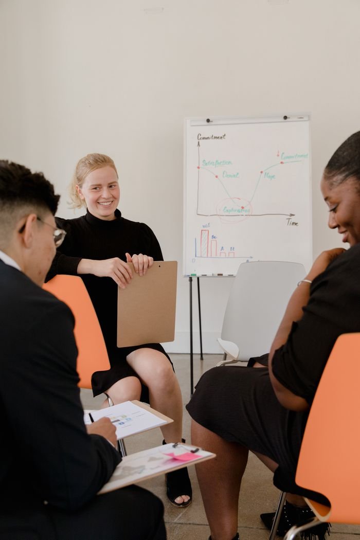 Home Business professionals engaged in a strategic meeting with a whiteboard presentation indoors.
